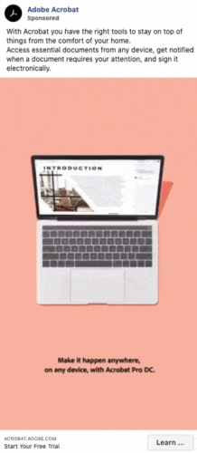 A laptop displays an Adobe Acrobat document on a peach background with the text "Make it happen anywhere, on any device, with Acrobat Pro DC.