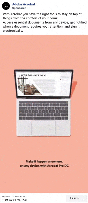 A laptop displays an Adobe Acrobat document on a peach background with the text "Make it happen anywhere, on any device, with Acrobat Pro DC.