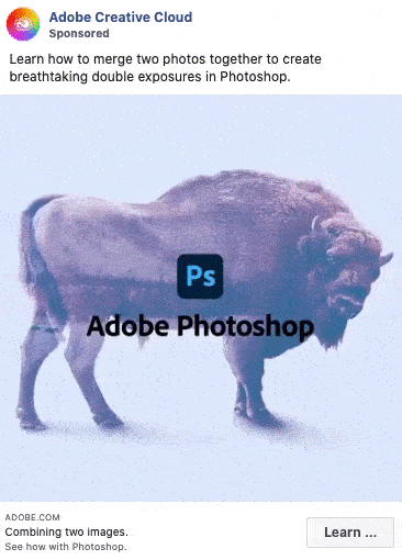 A stylized image of a bison with overlapping photo effects, overlaid with the Adobe Photoshop logo and text.