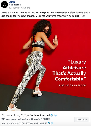 A woman in a snakeskin-patterned athletic outfit poses against a red background with the text “Luxury Athleisure That's Actually Comfortable” and a discount code for Alala’s holiday collection.