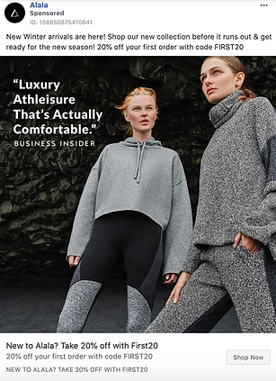 Three women modeling grey and black athleisure outfits stand outdoors; promotional text offers 20% off first order with code FIRST20.