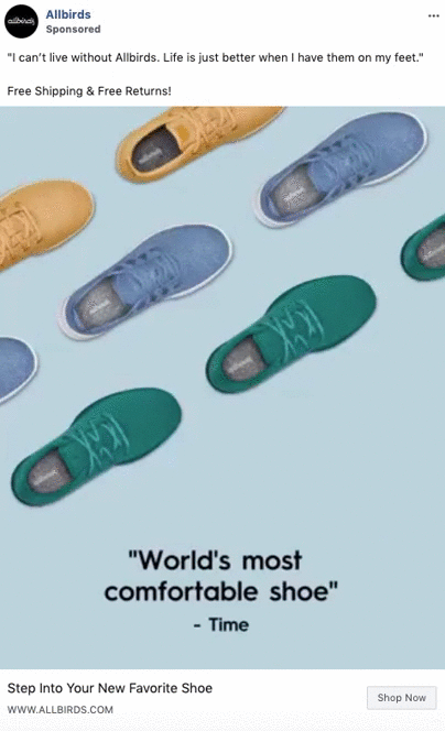 Five pairs of Allbirds sneakers in green, blue, and yellow are arranged diagonally on a light blue background with text praising their comfort.