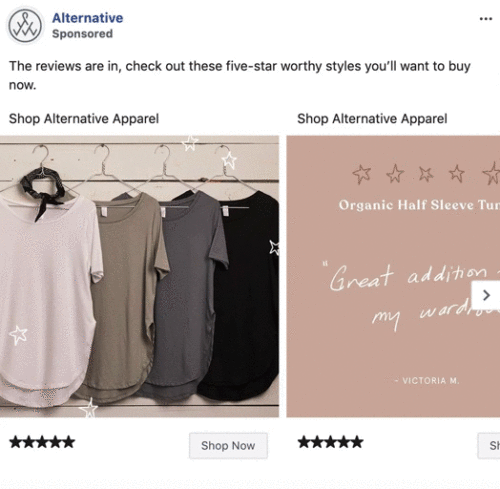 Four short-sleeve t-shirts in white, gray, taupe, and black hang on a rack; next to them is a customer review about organic half sleeve tops.