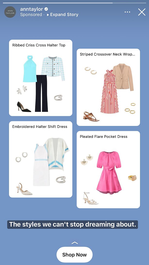 Ann Taylor ad featuring four women's outfit options: a blue halter top, a red striped dress, a white shift dress, and a pink flare dress, each paired with accessories and shoes.