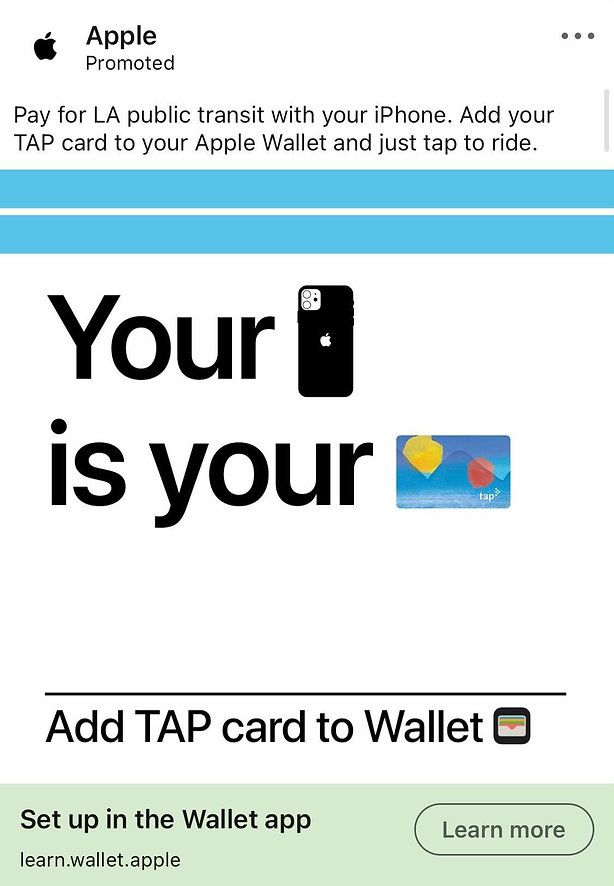 Apple ad promoting LA public transit, showing an iPhone and TAP card with text: "Your iPhone is your TAP card. Add TAP card to Wallet." Includes CTA to set up in Wallet app.
