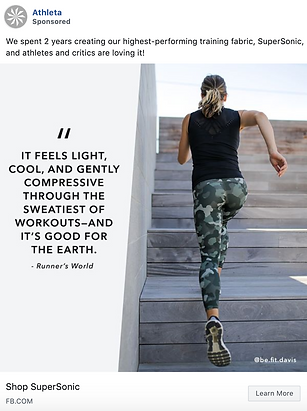 A woman in athletic wear runs up outdoor concrete stairs; to the left, a quote praises the SuperSonic training fabric's feel, performance, and eco-friendliness.