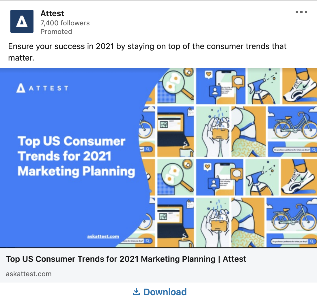 A LinkedIn ad promoting a report titled "Top US Consumer Trends for 2021 Marketing Planning" by Attest, with colorful trend-themed graphics in the background.
