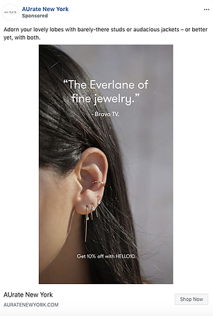 Close-up of a woman's ear adorned with multiple gold earrings, including studs and dangling styles, with promotional text overlay.