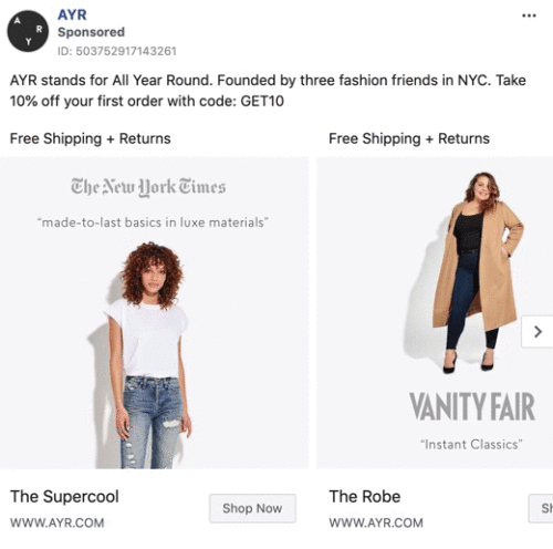 AYR clothing ad featuring two women modeling: one in a striped shirt and jeans, another in a tan coat and dress. Includes discount offer and mentions features in The New York Times and Vanity Fair.