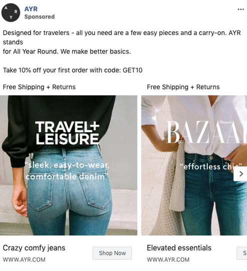 Split-screen ad featuring two women from the shoulders down; left shows jeans and text “sleek, easy-to-wear,” right shows white blouse and blazer with “effortless chic.”.