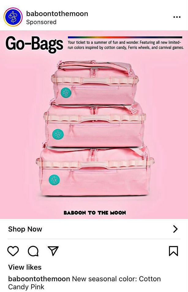 Three pink transparent duffel bags are stacked on top of each other against a light pink background. Text above reads “Go-Bags” and there is a logo on each bag.