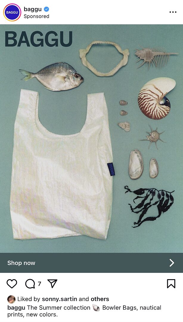 A white reusable bag is laid flat on a green surface, surrounded by seashells, seaweed, a fish, and marine-themed objects.
