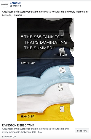 A stack of ribbed tank tops in black, navy, yellow, white, and light blue, each with a visible Bandier tag, displayed on a white background.