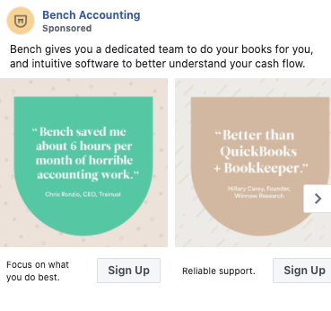 Advertisement for Bench Accounting featuring two testimonial quotes about their bookkeeping service, with "Sign Up" buttons and brief descriptions of their benefits below each quote.