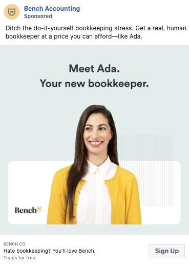 A woman in a yellow sweater stands smiling in front of text that reads "Meet Ada. Your new bookkeeper." Bench logo is visible below.