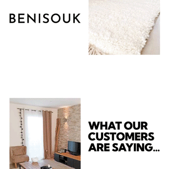 Benisouk branded image featuring a white textured rug, a living room, and rotating customer review ratings and quotes praising the carpet.