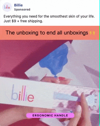 A person unboxes a Billie razor, highlighting features like "ergonomic handle" against a pink background, with promotional text about smooth skin, price, and free shipping.