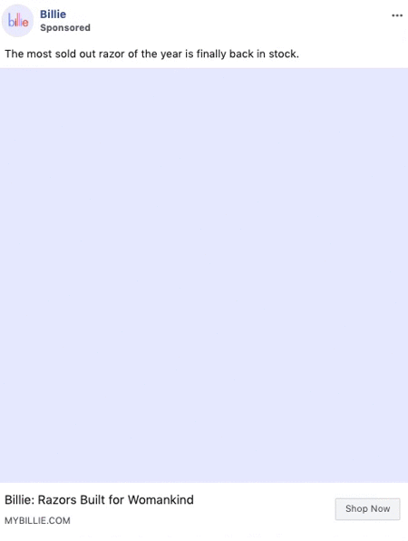 A hand holds a Billie razor in an animated ad with text promoting its restock. A "Shop Now" button appears at the bottom.