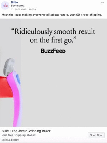 A pink and purple razor is pictured next to a BuzzFeed quote saying, "Ridiculously smooth result on the first go." Promotional text and a "Shop Now" button appear below.