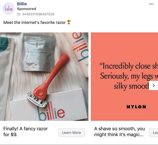 An orange razor with a white handle sits on a billie branded box, next to packaging. Promotional text and a quote from NYLON highlight its smooth shaving results.