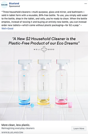 Three clear spray bottles with colored liquids and white spray tops are shown alongside three cleaning tablets in blue, yellow, and pink on a white surface.