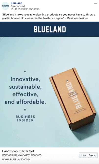 Rectangular Blueland hand soap starter set box on a light blue surface beside a quote praising the product as "Innovative, sustainable, effective, and affordable" from Business Insider.