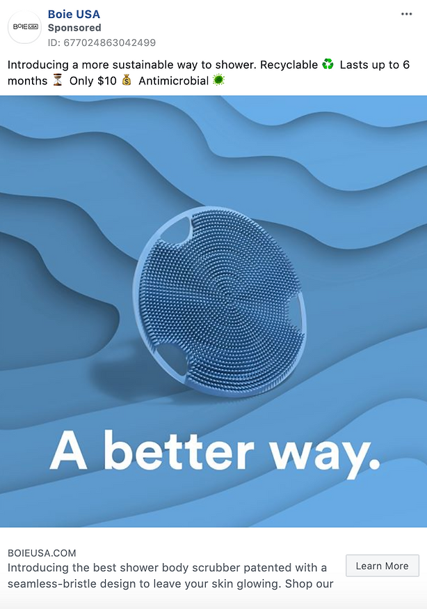 Round blue shower scrubber with fine bristles displayed on a wavy blue background, promoting its sustainability, recyclability, and antimicrobial features. Text reads: "A better way.