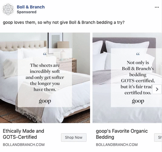 Two side-by-side images of neatly made beds with white bedding, featuring quotes from goop praising Boll & Branch sheets for softness and GOTS and fair trade certification.