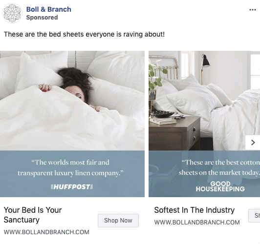 A person lies in a bed covered with white bedding; adjacent images show neatly made beds and quotes praising the quality of the sheets.