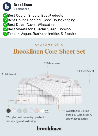 A diagram of a Brooklinen Core Sheet Set showing 1 flat sheet, 1 fitted sheet, and 2 pillowcases, with text listing awards and media features above.