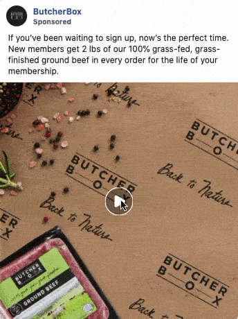 Top-down view of ButcherBox-branded brown paper, seasoning, and a package of ground beef, with promotional text about a membership offer.