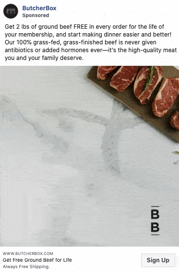 Raw beef steaks on a dark cutting board are shown on a light surface beside the ButcherBox logo and promotional text about free ground beef with membership.