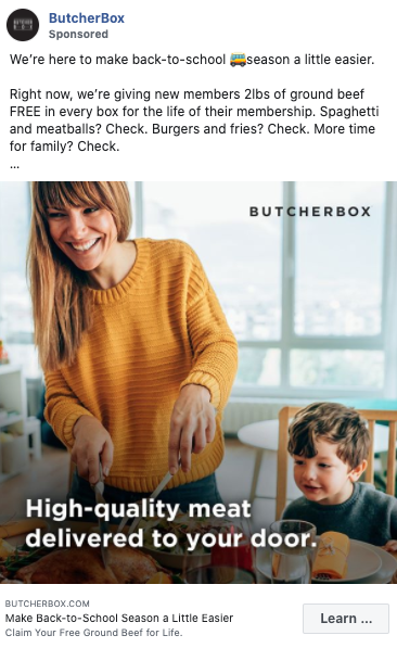 A woman serves food to a smiling child at a dining table, with text overlay: "High-quality meat delivered to your door.