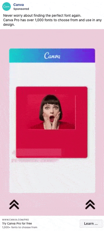 A digital Canva ad showing a photo of a surprised woman, rotating font options, and a banner promoting over 1,000 fonts available with Canva Pro.