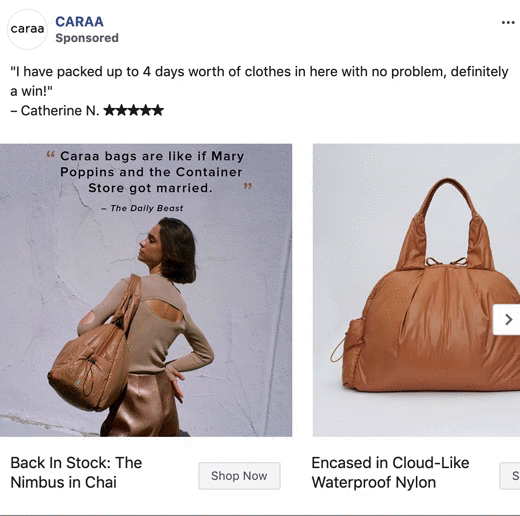 A woman carries a tan Caraa bag on her shoulder; next to her is a close-up of the same bag against a plain background. Text and product details are displayed above and below the images.