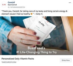 A person holds two white vitamin packs labeled “Hi Ally” with a quote about health benefits and text promoting personalized daily vitamin packs by Care/of.