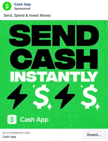 Cash App advertisement with bold text reading "SEND CASH INSTANTLY" on a green background, featuring dollar signs and lightning bolt icons, and a download button at the bottom right.