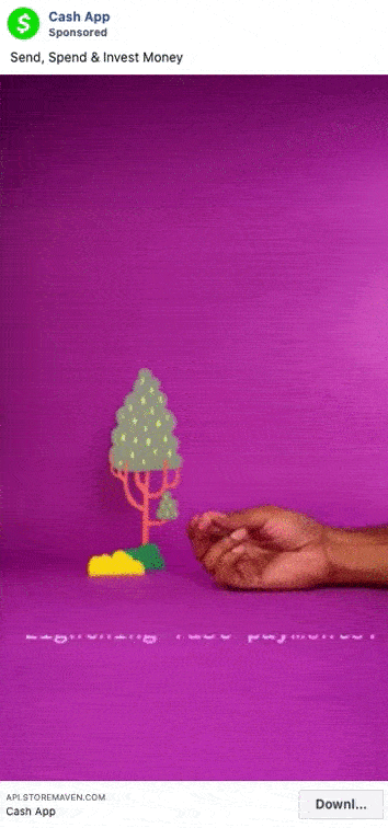 A hand moves colorful blocks near a small tree model on a purple surface, with a Cash App ad banner at the top and a "Download" button at the bottom.