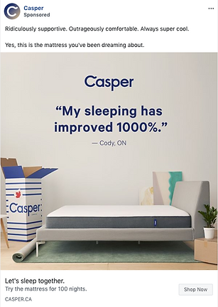 A neatly made Casper mattress on a modern bed frame beside an open Casper box and a small plant, with a quote about sleep improvement on the wall behind.