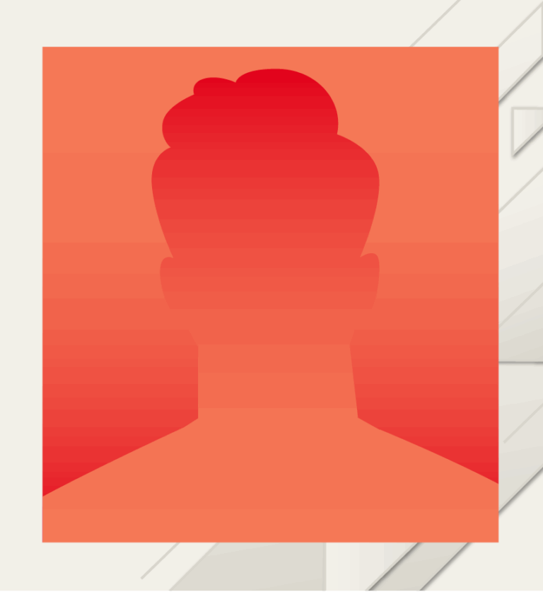A red gradient silhouette of a person with a bun hairstyle on a rectangular background, overlaid on a light geometric pattern.