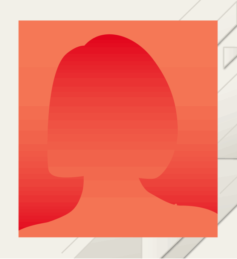 A red and orange silhouette of a person with a bob hairstyle is centered on a geometric, light-colored background.