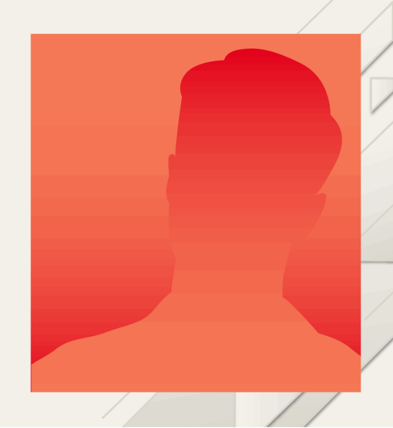 A red silhouette of a person's head and shoulders against a gradient red background with geometric to the right.