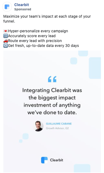 A Clearbit ad featuring a testimonial quote praising Clearbit's impact, with a checklist of benefits and the company logo at the bottom.