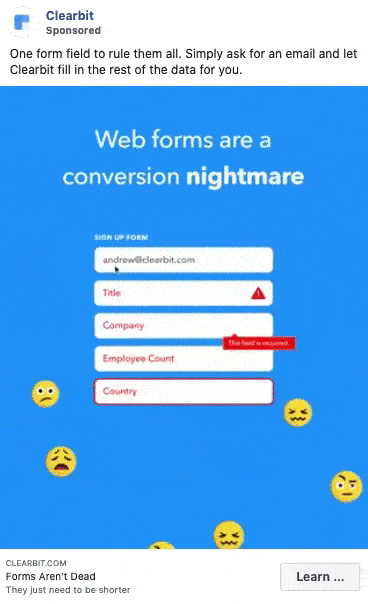 A blue ad shows a web form with multiple fields and red error messages, surrounded by frustrated emoji faces. Text reads: "Web forms are a conversion nightmare.
