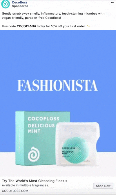 A box and container of Cocofloss Delicious Mint dental floss are displayed in front of a blue background with the word "FASHIONISTA" above them.