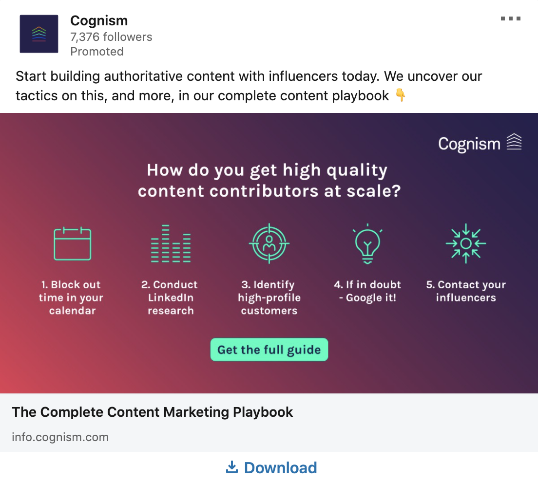 A Cognism ad displays five steps for getting high quality content contributors, with a call to get the full guide and a link to The Complete Content Marketing Playbook.
