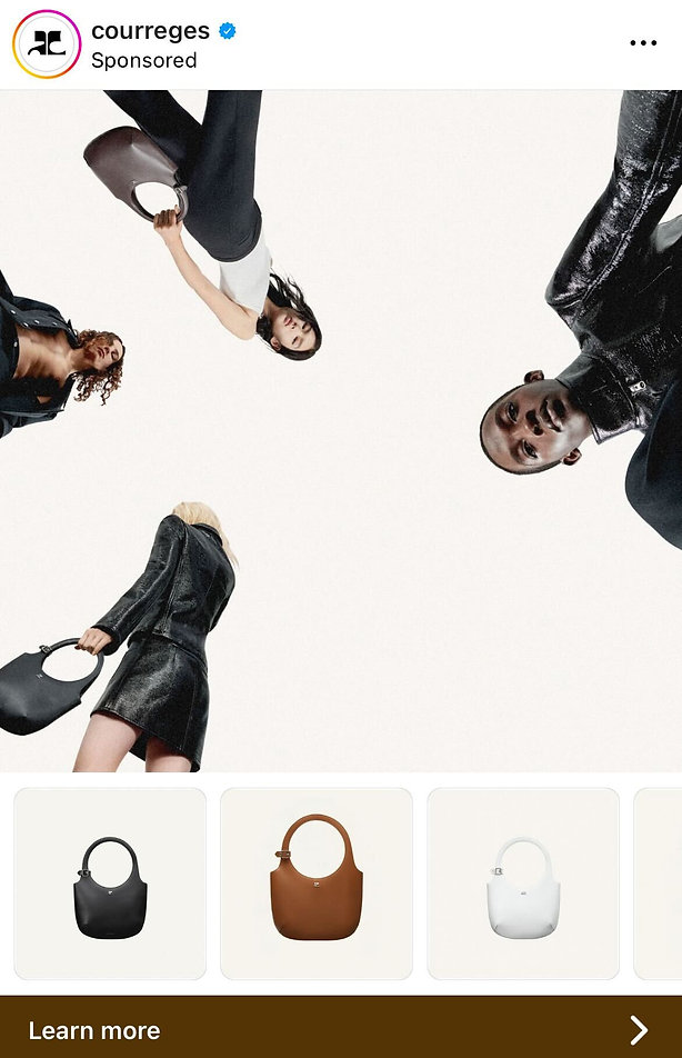 Four models in stylish outfits stand in a circle, each holding a handbag. Three handbag color options—black, brown, and white—are displayed at the bottom.