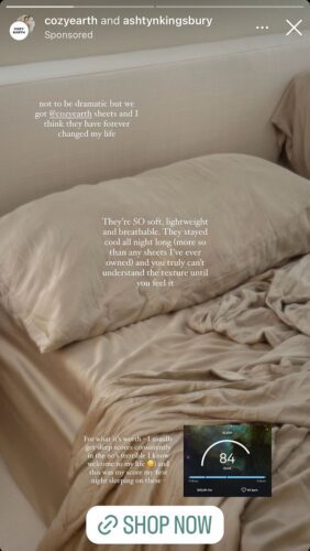 A neatly made bed with beige sheets and pillowcases; overlaid text describes the sheets as soft, lightweight, and breathable, with a promotion to shop now at the bottom.