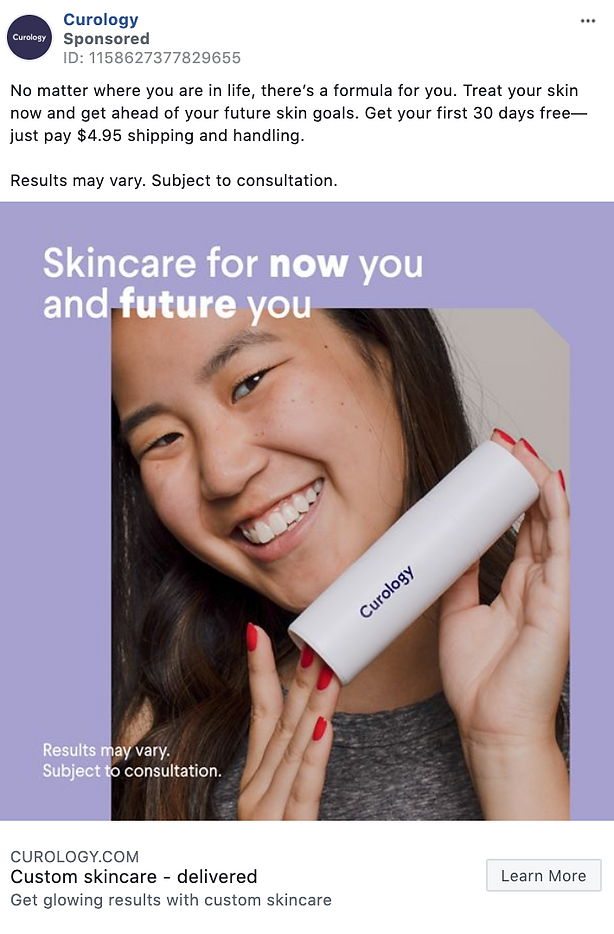 A woman smiles while holding a Curology skincare bottle. The text reads: "Skincare for now you and future you. Results may vary. Subject to consultation.