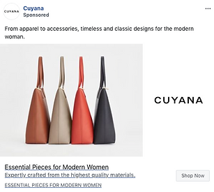 Four handbags in brown, beige, red, and black are displayed upright in a row against a plain background, with the brand name "CUYANA" shown on the right.